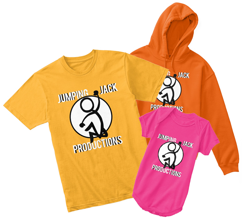 Jumping Jack gold shirt, orange hoodie, and pink baby onesie.